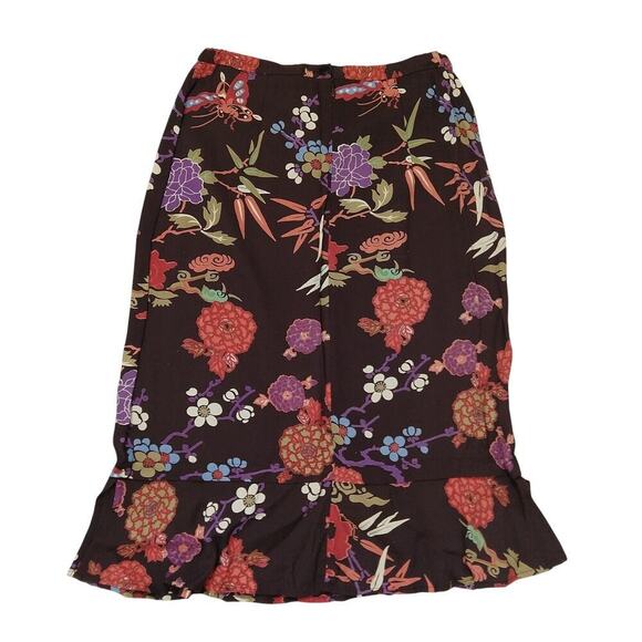 Vintage 90s Floral Print Midi Skirt Size M Zoe California Brown Flutter Hem - Picture 7 of 7